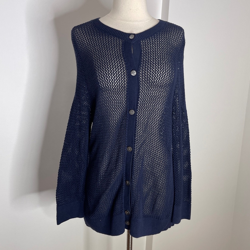 Ann Taylor Factory Navy Blue Open Knit Mesh Cotton Cardigan Sweater XL